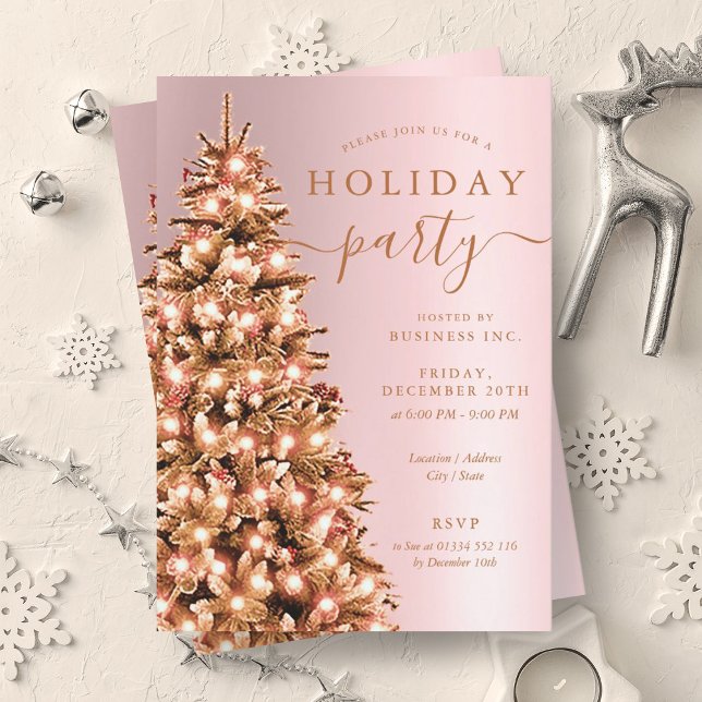 Convites Festivo Rosa Dourado Festa de Férias da Companhia  (Festive Rose Gold Xmas Tree Company Holiday Party Invitation)