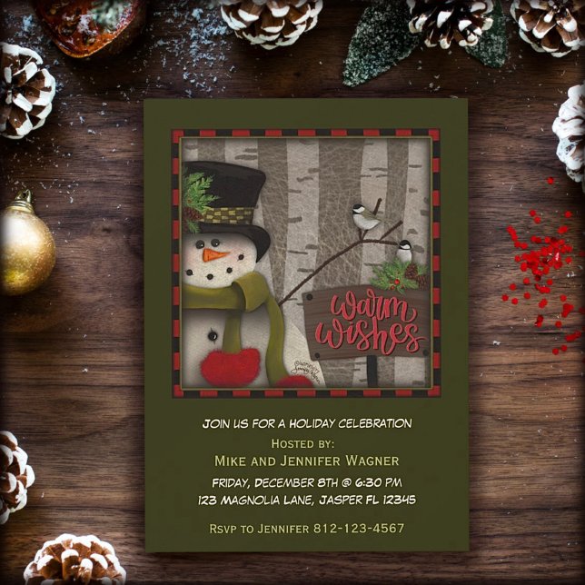 Convites Festivo Snowman Birch Tree Red Green Foliday (Criador carregado)