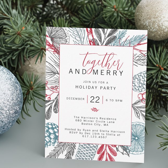Convites Festivo Winter Greenery Foliday Party (Festive Winter Greenery Holiday Party Invitation)