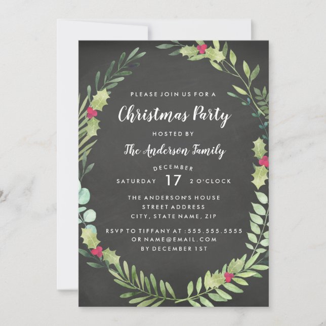 Convites Festivo Wreath Chalkboard Christmas Party Card (Frente)
