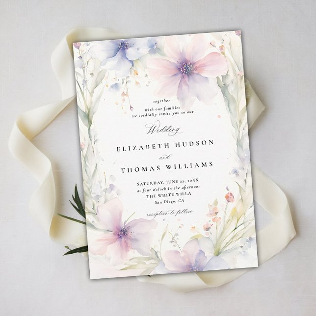 Convites Fête Romântica Primavera Elegante de Flores Selvag (wildflower wedding theme invitation delicate watercolor meadow modern classic formal elegant spring )