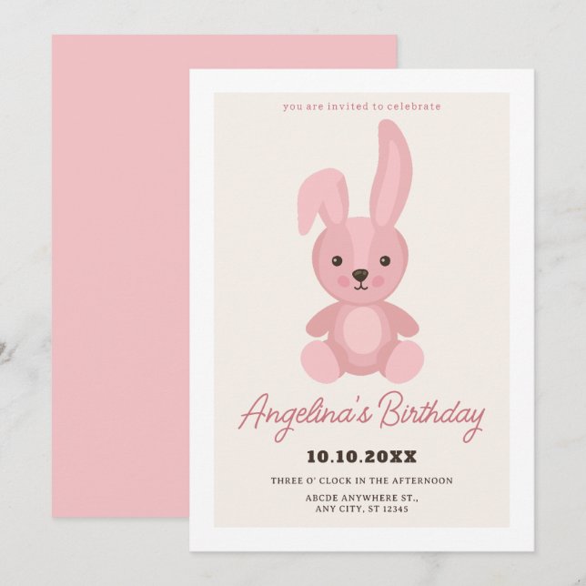 Convites Fez aniversário de boneca de coelho rosa (Frente/Verso)