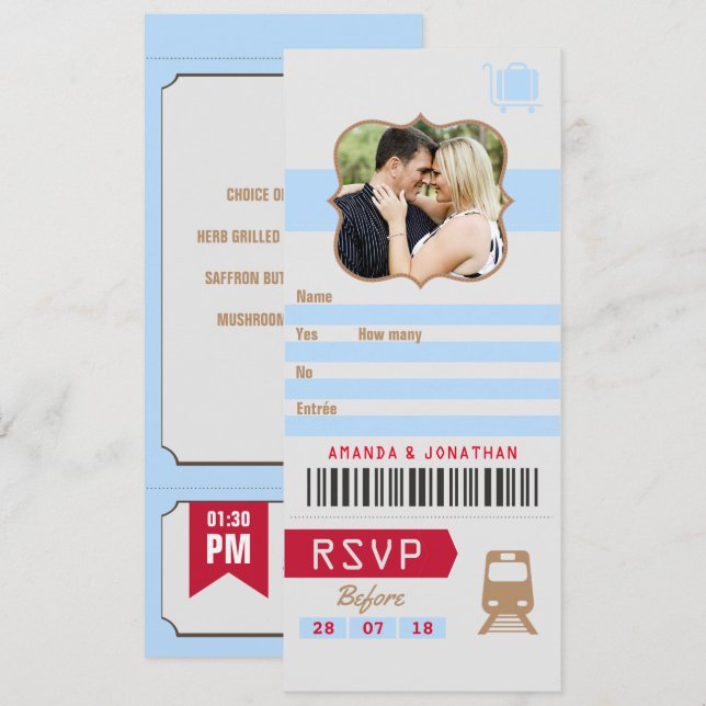 Convites Ficha de bilhete de trem de RSVP de casamento retr (Frente/Verso)