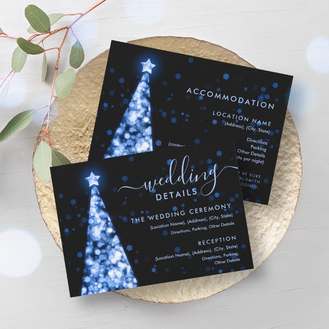Convites Ficha de Detalhes do Casamento Azul Marinho de Árv (Festive Xmas Tree Navy Blue Wedding Details Card)