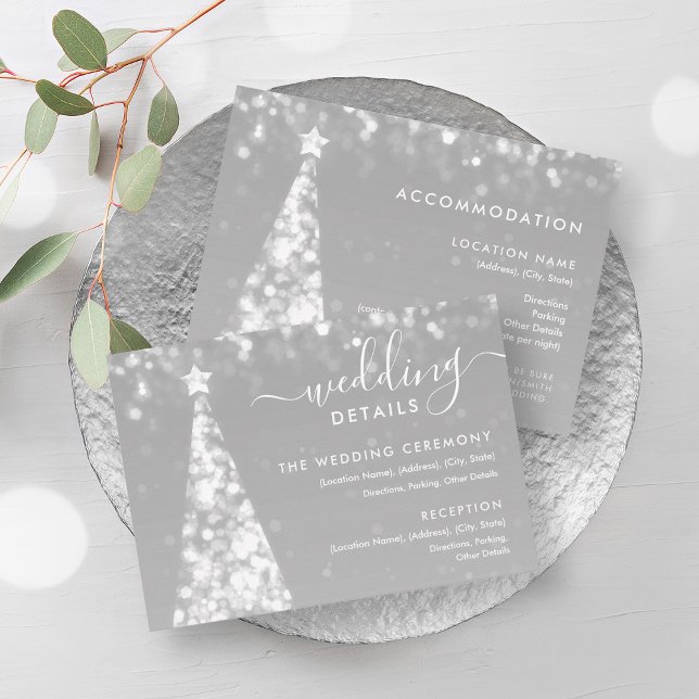 Convites Ficha de Detalhes do Casamento da Árvore de Prata  (Festive Xmas Tree Silver Wedding Details Card)