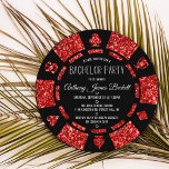 Convites Ficha de Pôquer Brilho Vermelho Las Vegas Despedid<br><div class="desc">Celebre com estilo com esses convites de despedida de solteiro modernos. O design é fácil de personalizar com sua própria redação e sua família e amigos ficarão emocionados quando receberem esses convites de festa fabulosos.</div>