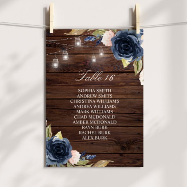 Convites Ficha do marinho Blue Flowers Rustic Seating Chart (Criador carregado)