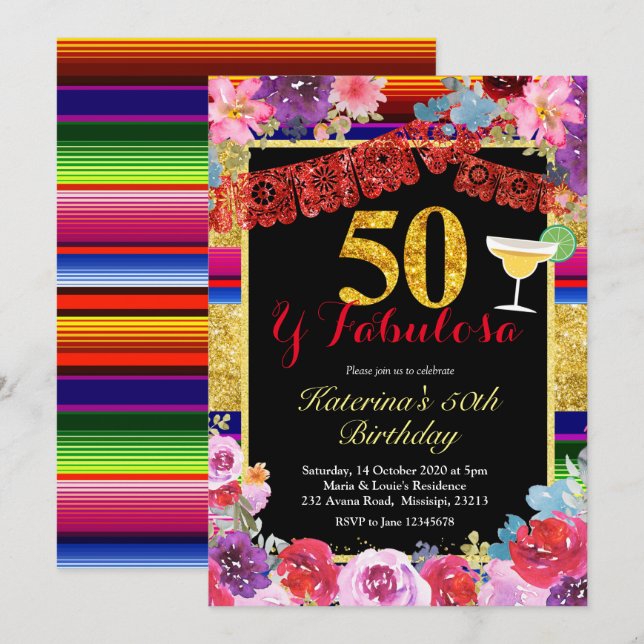 Convites Fiesta 50 espanhol e Fabulous Birthday (Frente/Verso)