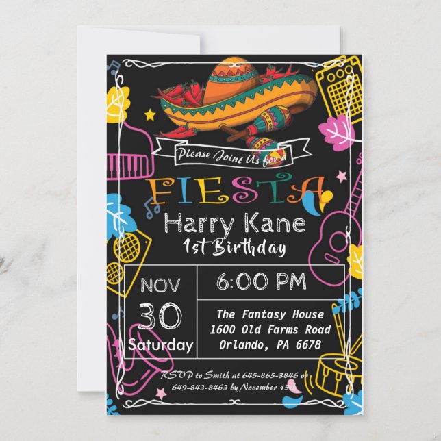 Convites Fiesta Birthday Chalkboard Mexicano (Frente)