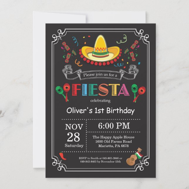 Convites Fiesta Birthday - Concurso Chalkboard mexicano (Frente)