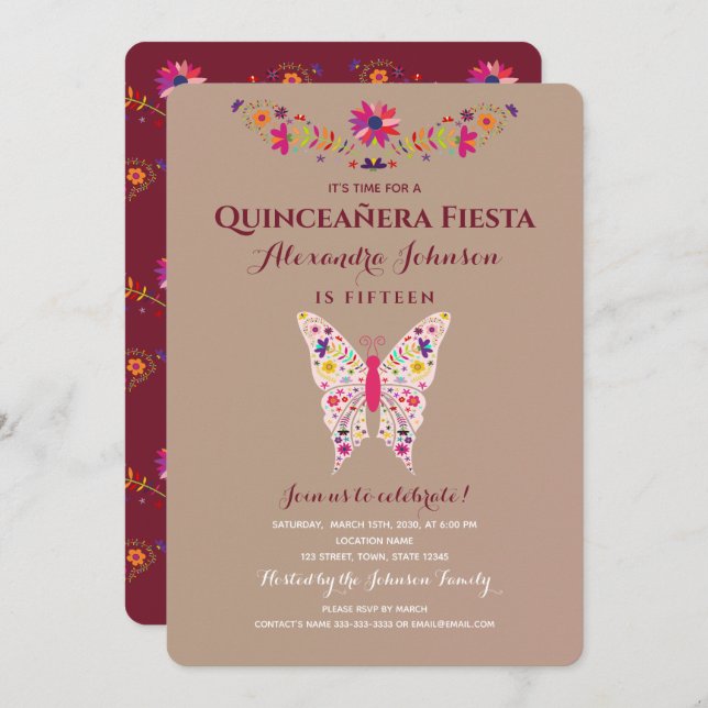Convites Fiesta Butterfly Mexicana Quinceañera (Frente/Verso)