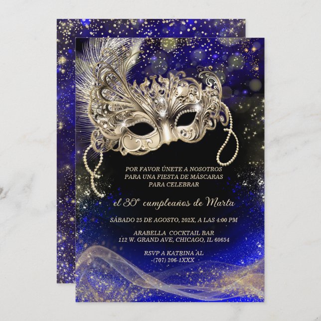 Convites Fiesta de Máscaras 30 Cumpleaños (Frente/Verso)