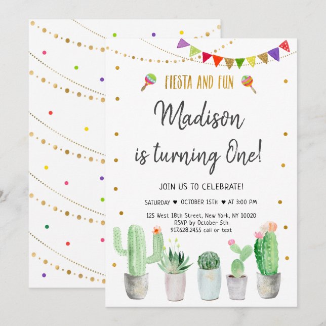 Convites Fiesta e Dourada Fiesta no Primeiro Aniversário (Frente/Verso)