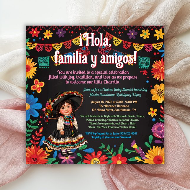 Convites Fiesta Floral Charra Chá de fraldas (Girl fiesta baby shower invitation with bright flowers and adorable baby girl charra.)