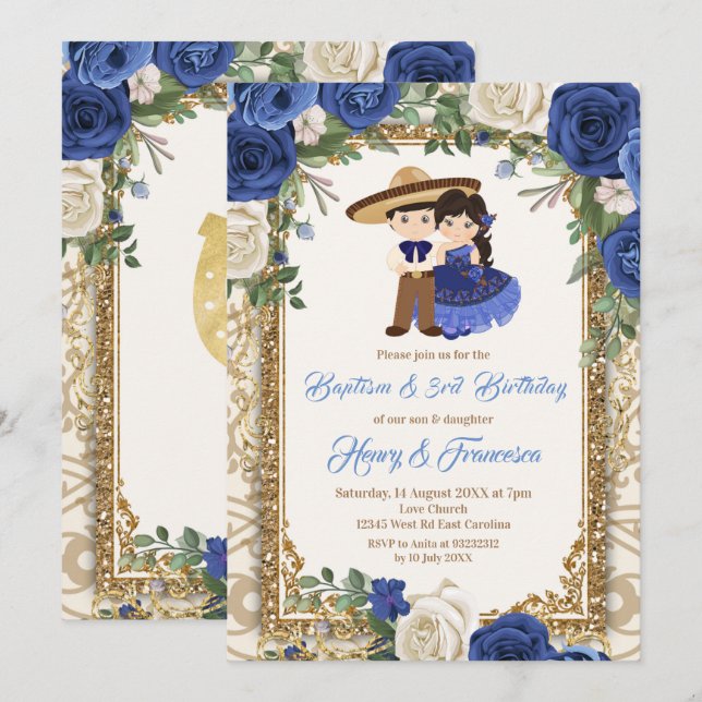 Convites Fiesta Floral Sibling Blue Baptism & Birthday (Frente/Verso)