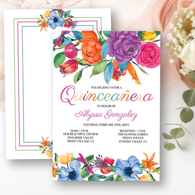 Convites Fiesta Flores Brancas Coloridas Quinceanera (Mass & Quinceanera Invitation from my Fiesta Flowers Quinceanera Collection)