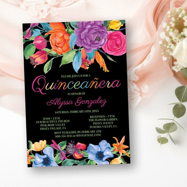 Convites Fiesta Flores Negras Coloridas Quinceanera (Mass & Quinceanera Invitation from my Fiesta Flowers Quinceanera Collection)
