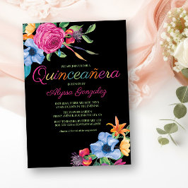 Convites Fiesta Flowers Black Watercolor Quinceanera Floral