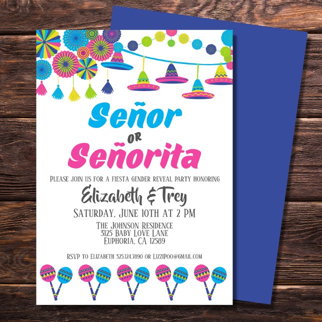 Convites Fiesta Gênero Reveal Señor ou Señorita (A cute invitation for your Fiesta baby gender reveal.)