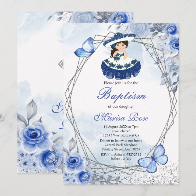 Convites Fiesta Girl Baptism Christening Pastel Floral (Frente/Verso)