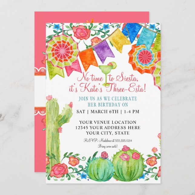 Convites Fiesta Margarita Floral Cactus Festa de aniversári (Frente/Verso)