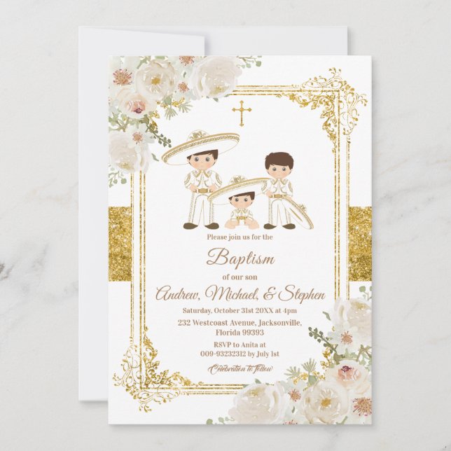 Convites Fiesta Mexicana Dourada Baptism & Birthday Invite (Frente)