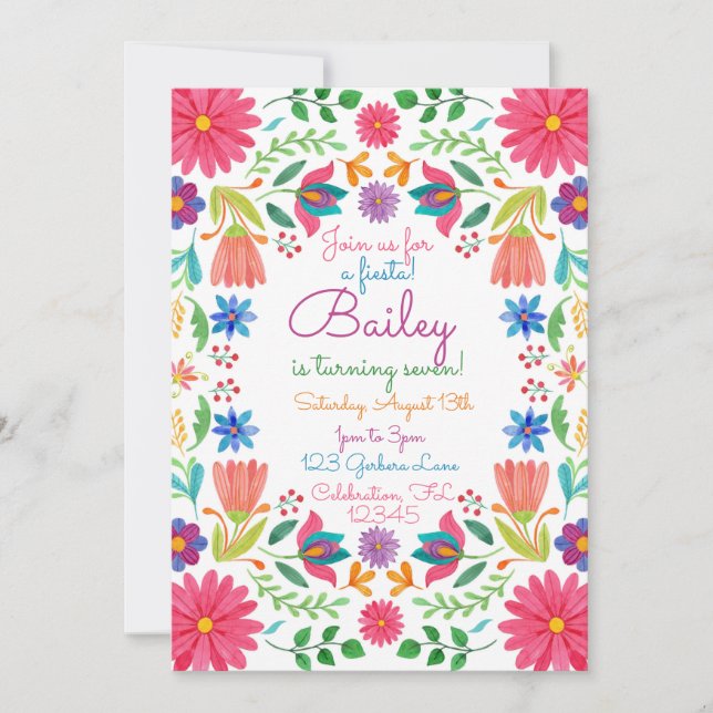 Convites Fiesta Mexicana Folk Watercolor Floral Birthday (Frente)