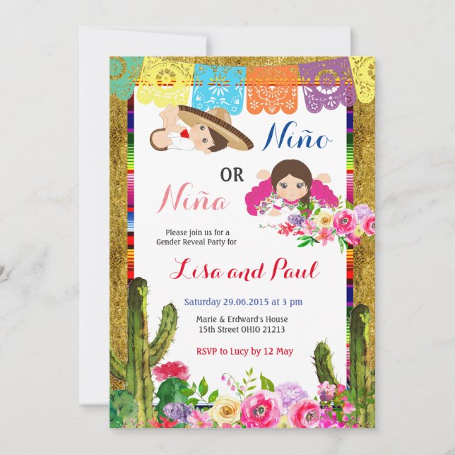 Convites Fiesta Niño ou Niña Gender Reveal (Frente)