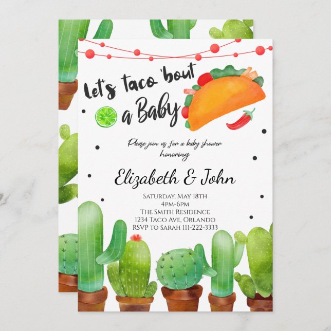 Convites Fiesta Taco Bout Baby Watercolor Cactus Invite (Frente/Verso)