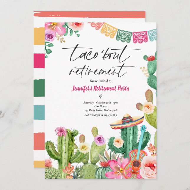 Convites  Fiesta Taco 'Bout Retirement Festa Mexicana (Frente/Verso)