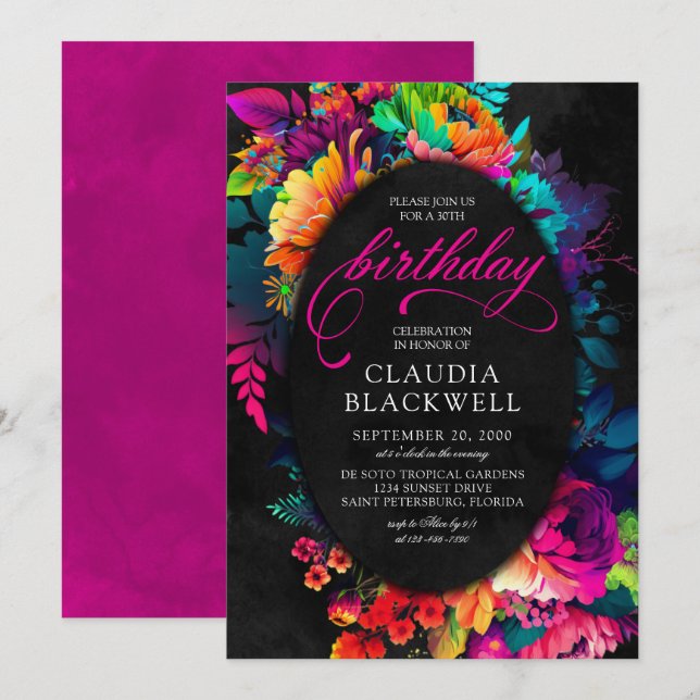 Convites Fiesta Watercolor Floral Birthday (Frente/Verso)