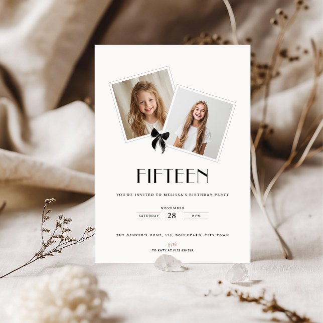 Convites Fifteen black ribbon 15th birthday teens (Criador carregado)
