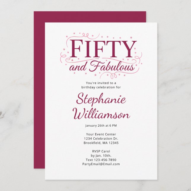 Convites Fifty and Fabulous Black Berry Pink Script (Frente/Verso)