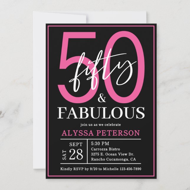 Convites Fifty and Fabulous Black Script 50th Birthday (Frente)