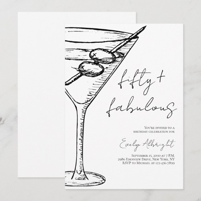 Convites Fifty and Fabulous Black Script Line Art Martini (Frente/Verso)