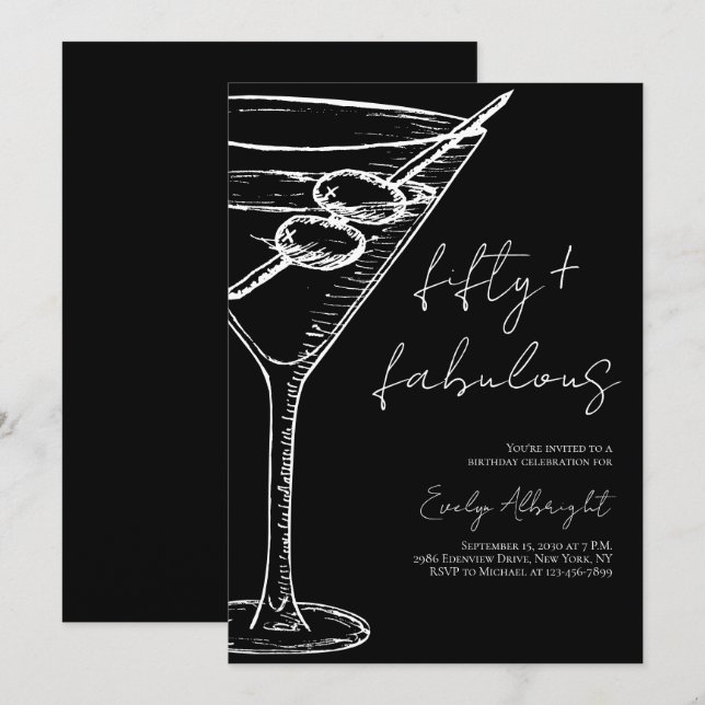 Convites Fifty and Fabulous Black Script Line Art Martini (Frente/Verso)