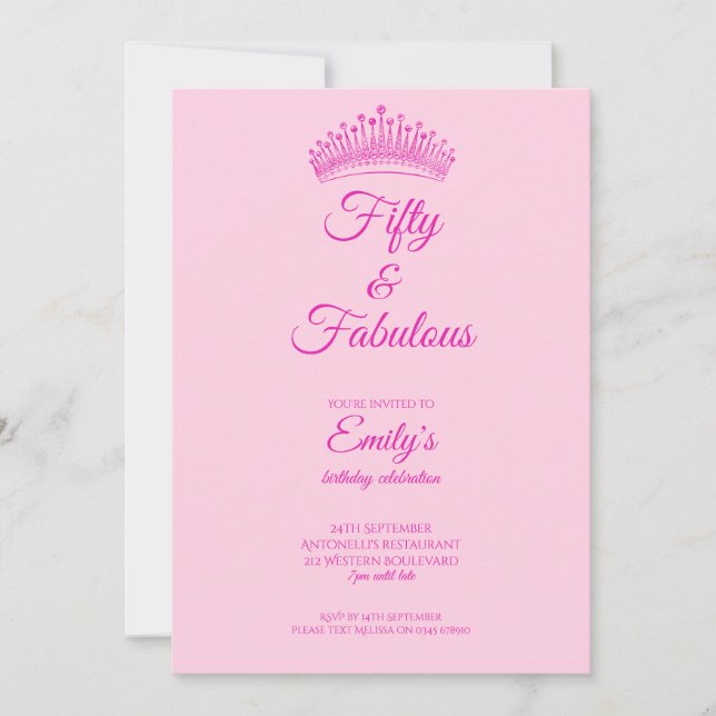 Convites Fifty and Fabulous Crown Pink Birthday (Frente)