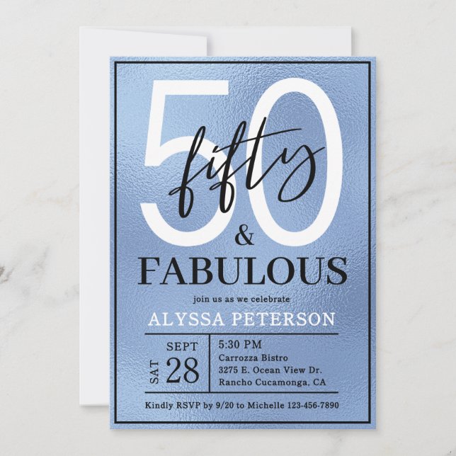 Convites Fifty and Fabulous Dusty Blue Script 50th Birthday (Frente)