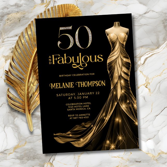 Convites Fifty and Fabulous Gold Dress Black 50th Birthday (Fifty and Fabulous Elegant Gold Dress Black 50th Birthday Invitation with Gold and Diamond 50.)