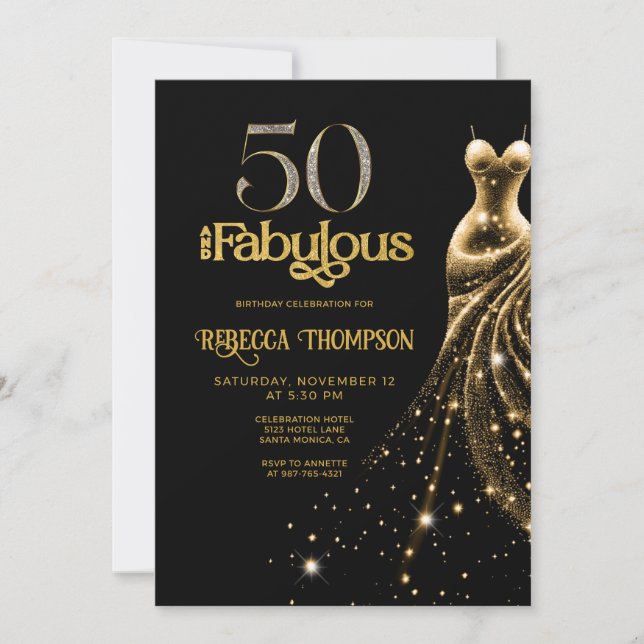 Convites Fifty and Fabulous Gold Dress Black 50th Birthday (Frente)