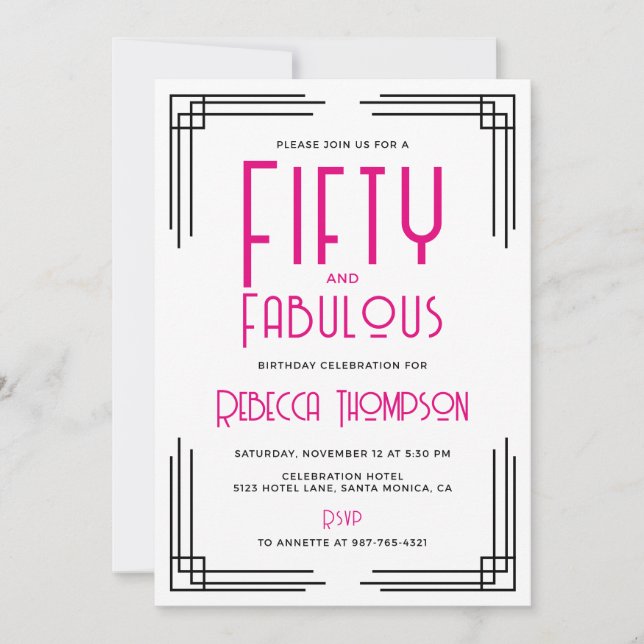 Convites Fifty and Fabulous Hot Pink Art Deco 50th Birthday (Frente)
