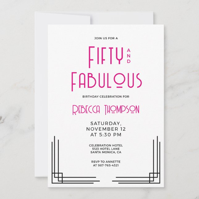 Convites Fifty and Fabulous Hot Pink Art Deco 50th Birthday (Frente)