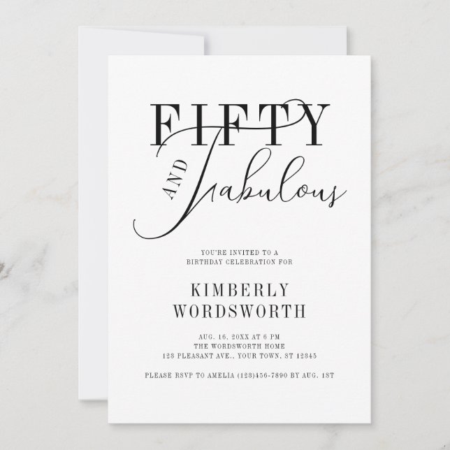 Convites Fifty and Fabulous Minimal Script 50th Birthday (Frente)
