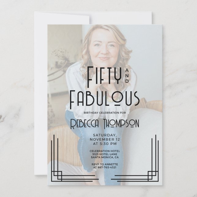 Convites Fifty and Fabulous Photo Art Deco 50th Birthday (Frente)