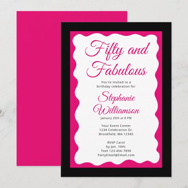 Convites Fifty and Fabulous Pink and Black Script (Frente/Verso)