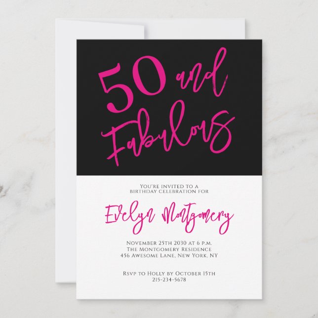 Convites Fifty and Fabulous Pink Black 50th Birthday Party  (Frente)