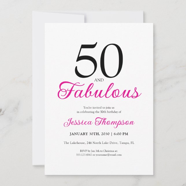 Convites Fifty and Fabulous Pink Script 50th Birthday (Frente)
