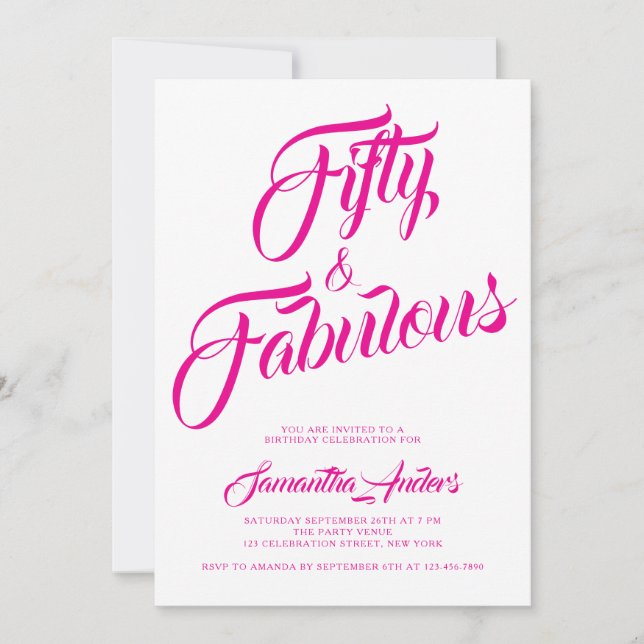Convites Fifty and Fabulous Pink Script 50th Birthday Party (Frente)
