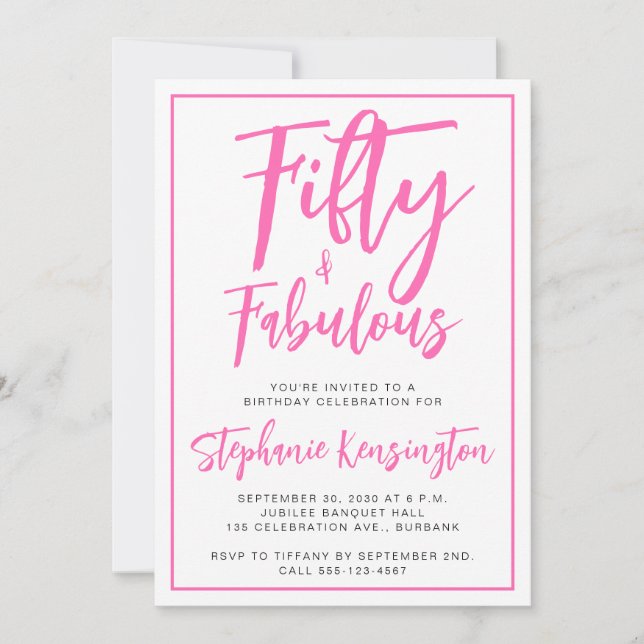 Convites Fifty and Fabulous Pink Script 50th Birthday Party (Frente)