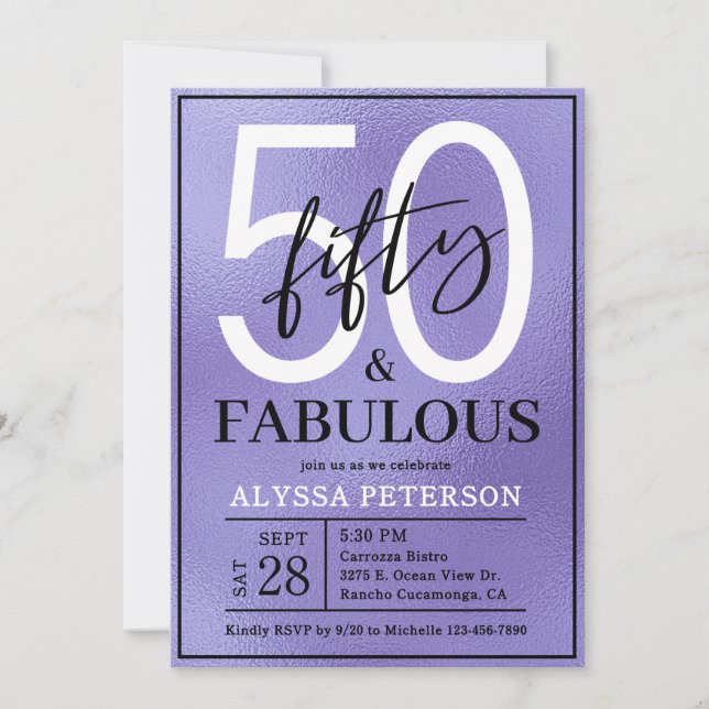 Convites Fifty and Fabulous Purple Script 50th Birthday (Frente)
